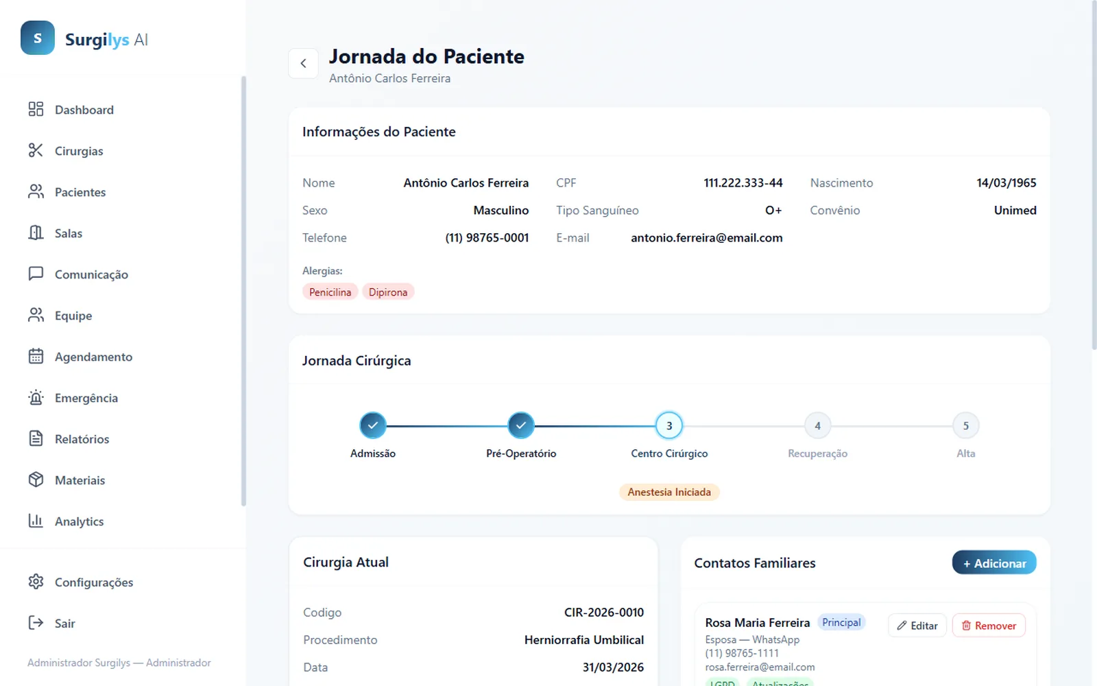Jornada do paciente no Surgilys com etapas rastreadas e contatos familiares com LGPD